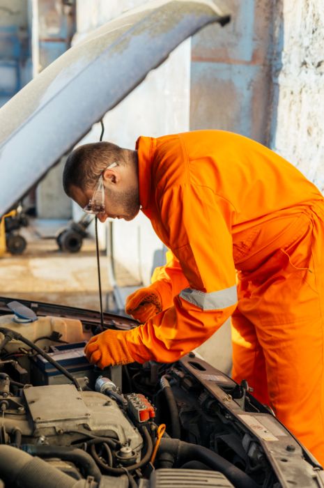 mechaniic in an orange suit looking under the hood of a car